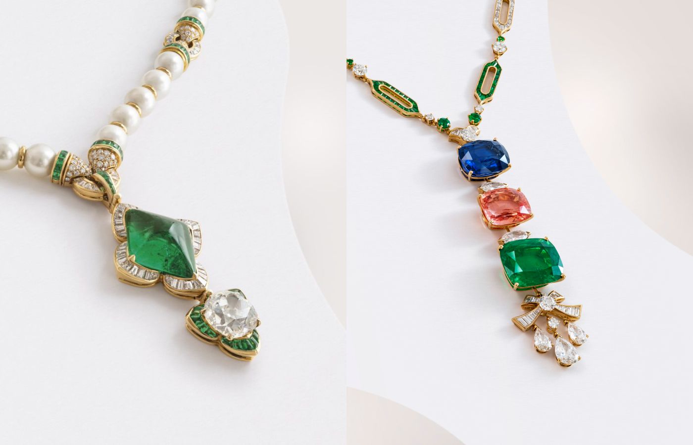 Bulgari necklace (left) with a lozenge-shaped cabochon emerald of 21.53 carats, cushion-shaped old-cut diamond of 9.06 carats, rectangular-shaped buff-top emeralds, baguette-cut and round diamonds in 18k gold (Lot 81) and a Bulgari necklace with a cushion-shaped modified brilliant-cut sapphire of 37.84 carats, Padparadscha sapphire of 33.59 carats and emerald of 33.20 carats, round and square-shaped emeralds, pear brilliant-cut diamonds of 2.85, 1.55 and 1.51 carats, marquise brilliant-cut diamond of 1.53 carats, marquise-shaped, baguette-cut and round diamonds in 18k yellow gold (Lot 79) – Included in the Christie’s The World of Heidi Horten: Magnificent Jewels Part I auction