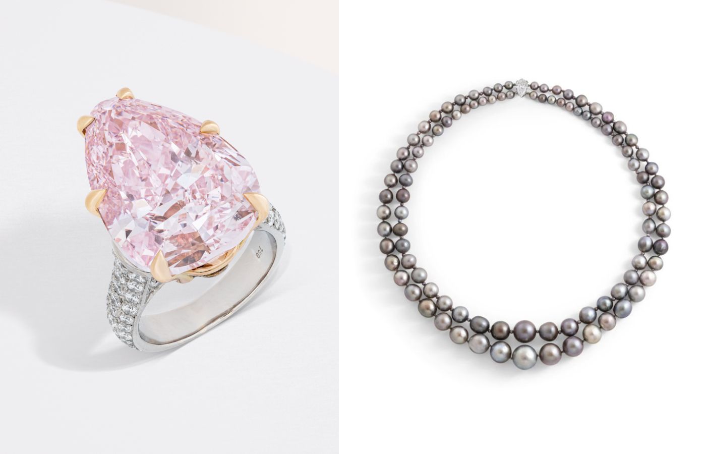  A ring with a fancy pink pear brilliant-cut diamond of 20.06 carats and round diamonds in 18k white and yellow gold (Lot 54) and a black natural pearl necklace with a 2.94 carat pear-shaped diamond clasp in platinum (Lot 63) – Included in the Christie’s The World of Heidi Horten: Magnificent Jewels Part I auction