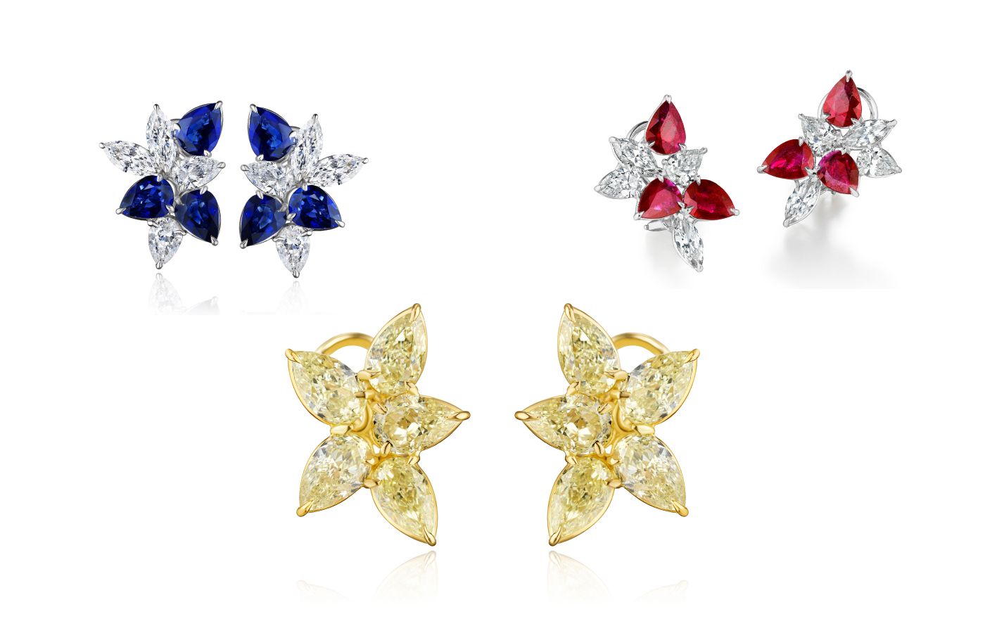  ARAZI cluster earrings with pear-shaped diamonds and coloured gemstones