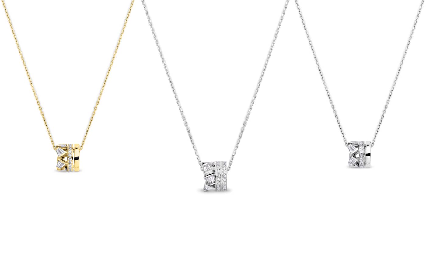 Bucherer Fine Jewellery Rock Diamonds pendants in 18k white and yellow gold with trapezoid- and round brilliant-cut diamonds
