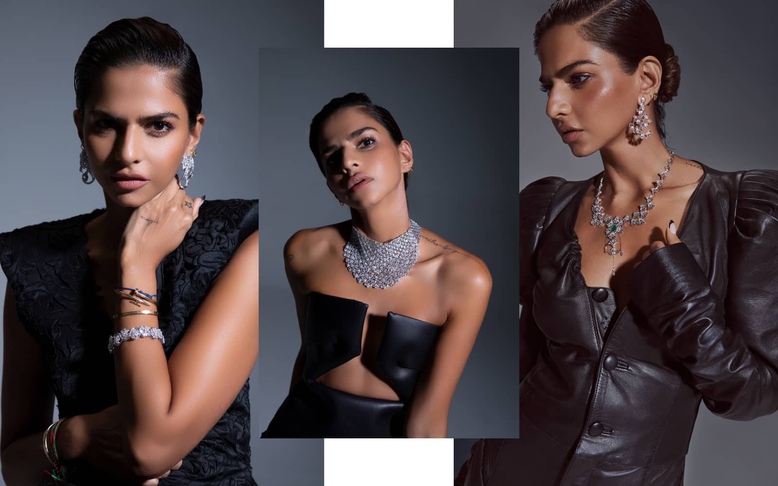 A model wears diamond jewellery creations by Jaipur Gems