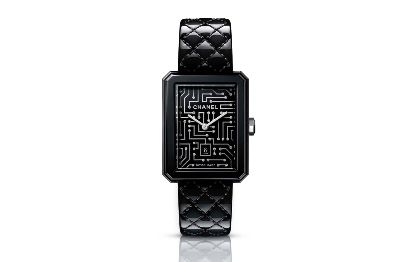 Chanel Boyfriend Cyberdata Watch featuring a printed circuit board set with diamonds on the dial, with a bracelet in black quilted patent leather with a silver-colored lining