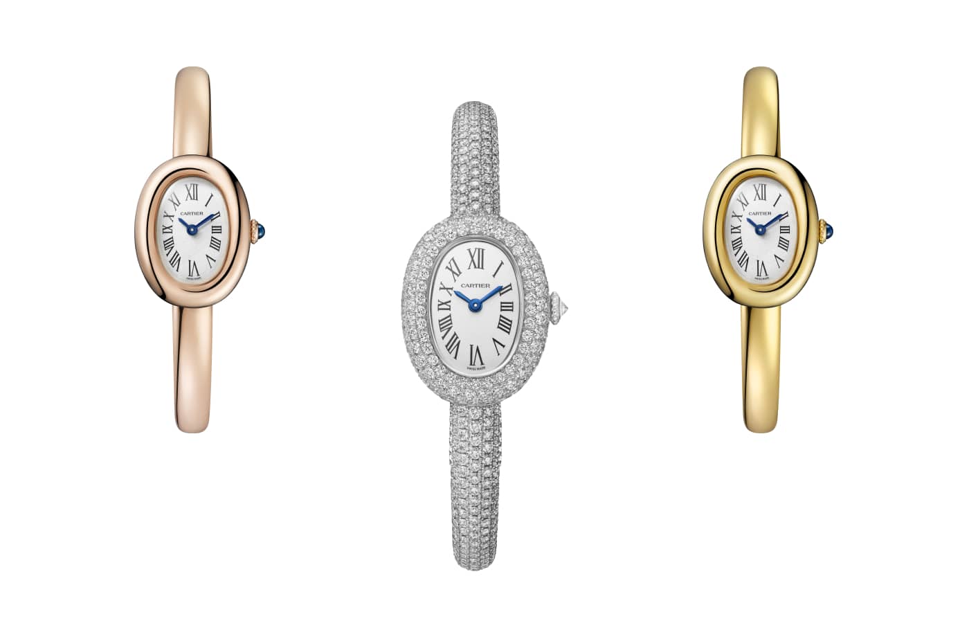  Cartier New Baignoire watch with oval dial in gold, rose gold, white gold and diamond pavé