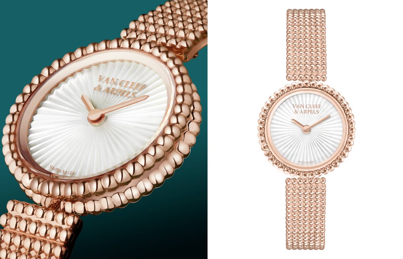 Van Cleef & Arpels Perlée watch in rose gold and guilloché white mother-of-pearl