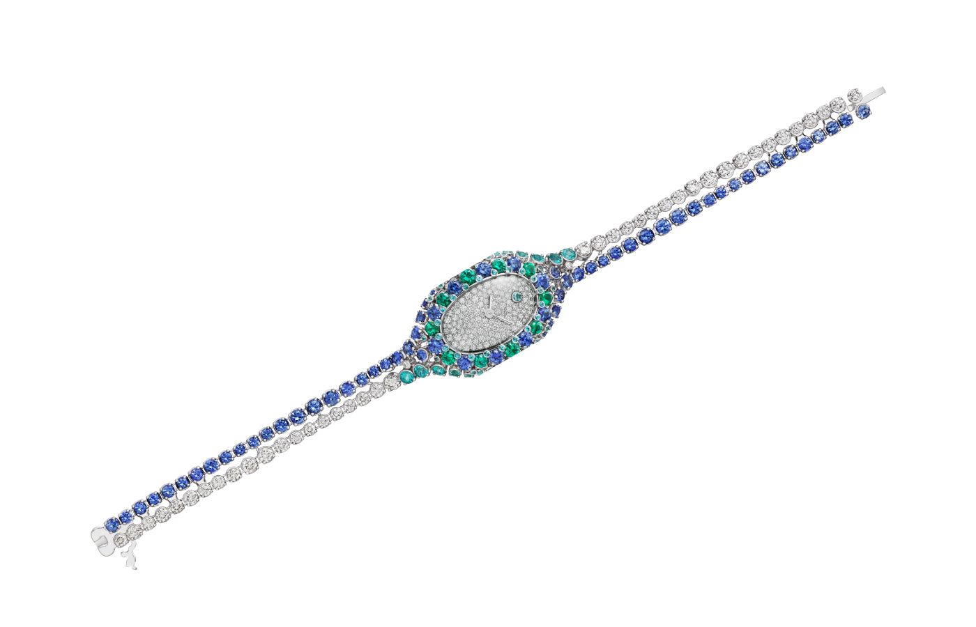 Cartier Baignoire High Jewellery watch in white gold, sapphire, emerald, tourmaline and diamond