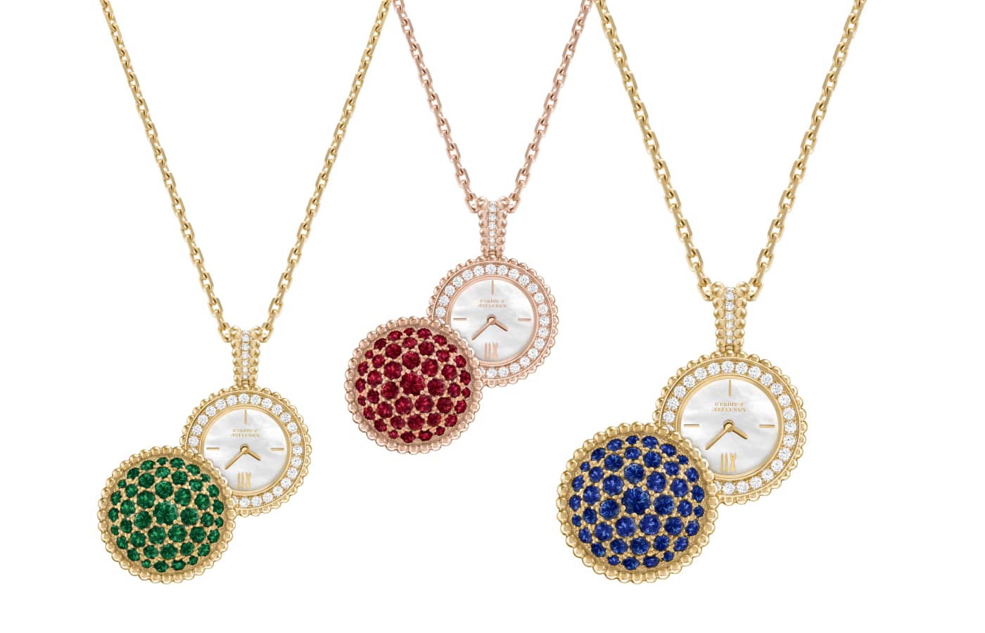   Van Cleef & Arpels Perlée Secret Pendant watches featuring emeralds, rubies and diamonds