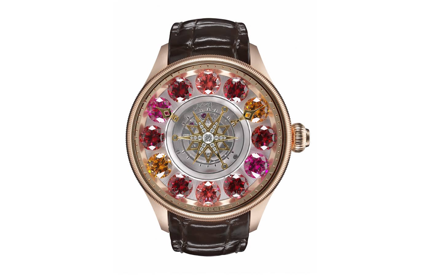  Gucci F-Timeless Planetarium High Jewellery watch set with rubies, fire opals, pink tourmaline and mandarin garnet