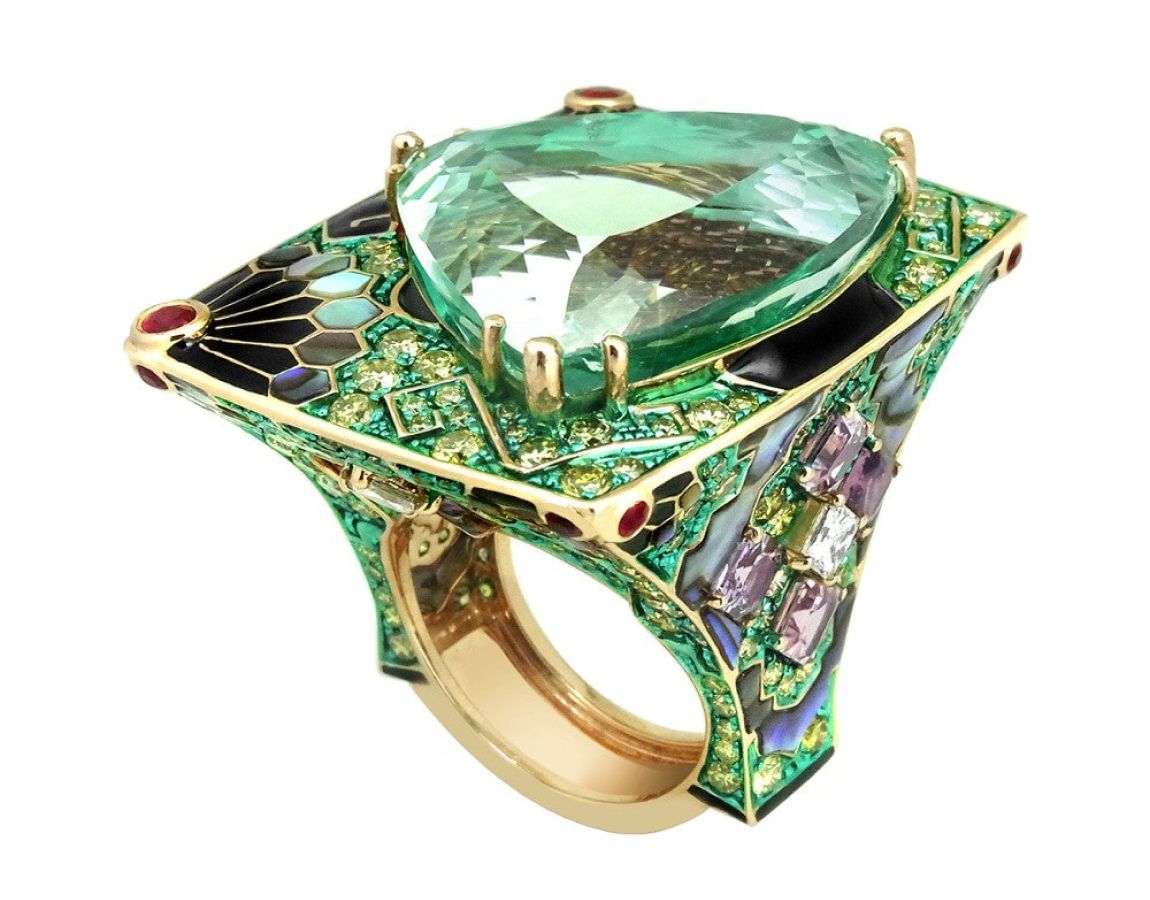  AUSTY LEE The Natsumatsuri ring in Abalone shell, diamond, ruby, pink sapphire and aquamarine  