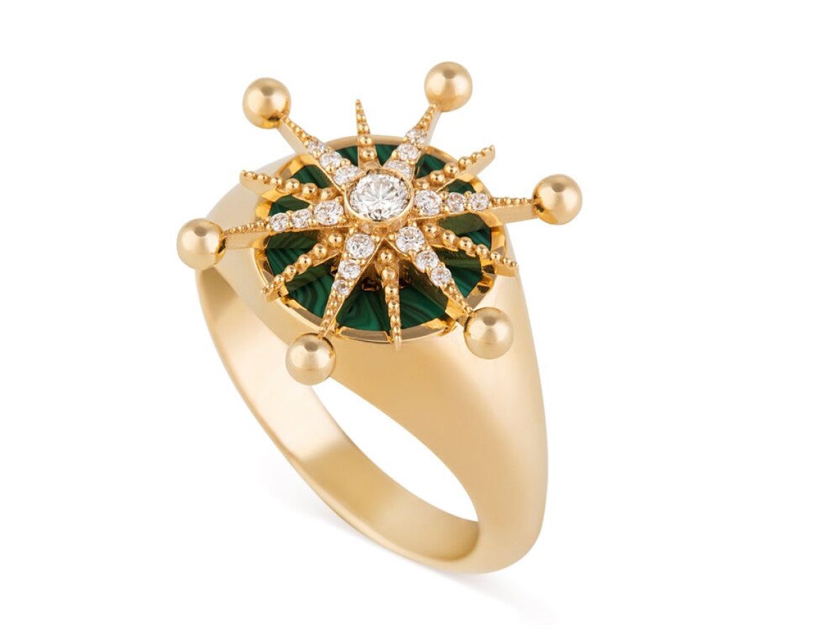  FALAMANK Wandering Star ring in gold, malachite and diamond