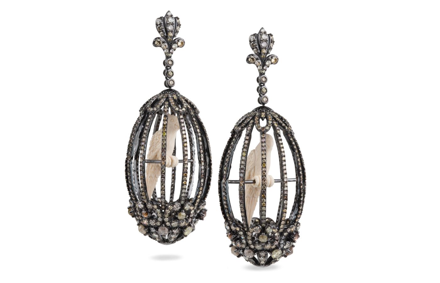 Bochic diamond and mammoth ivory Birdcage earrings in oxidised 18k white gold