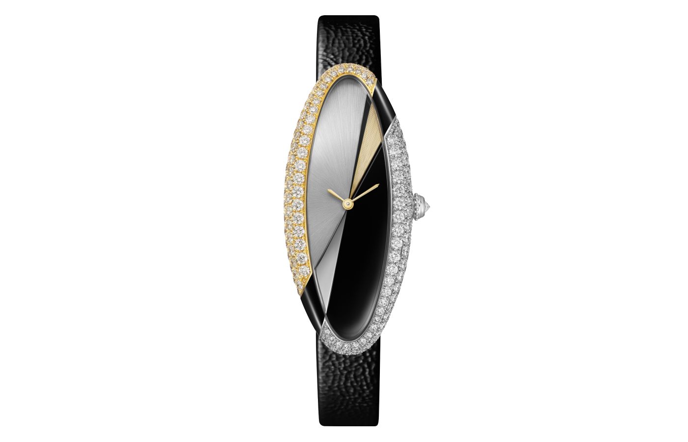 Cartier Métiers d’Art Baignoire Allongée watch in white gold, gold, polished and sunray-brushed white gold, sunray-brushed yellow gold , black lacquer, enamel  and diamond  