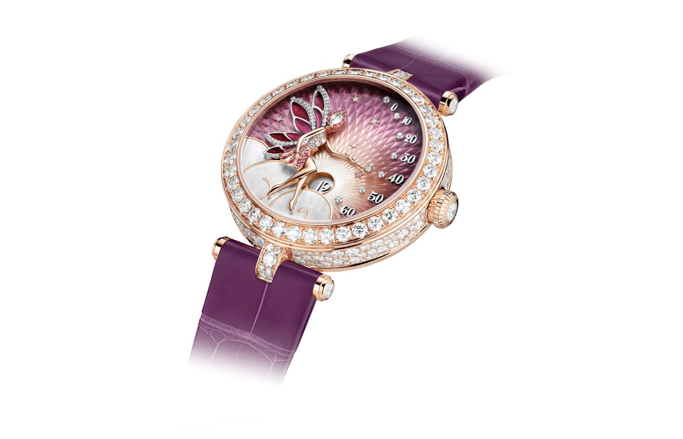  Van Cleef & Arpels Lady Féerie Or Rose watch  in rose gold,  pink sapphire, white mother-of-pearl, opaque and plique-à-jour enamel and diamond 