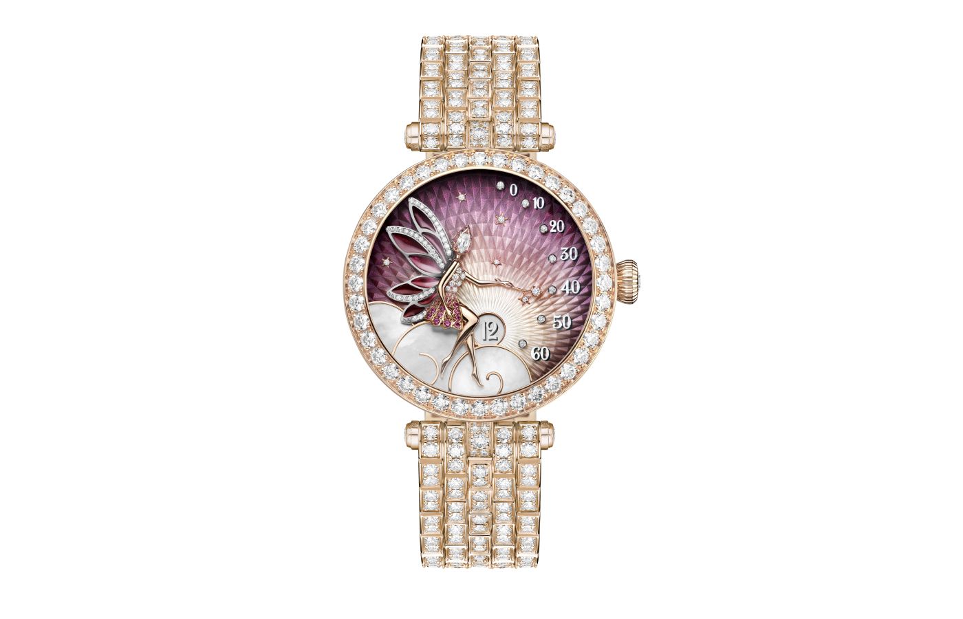 Van Cleef & Arpels Lady Féerie Or Rose watch  in rose gold,  pink sapphire, white mother-of-pearl, opaque and plique-à-jour enamel and diamond 