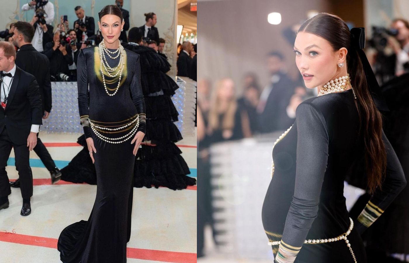  MET Gala attendee Karlie Kloss wearing pearl and diamond earrings by Garrard