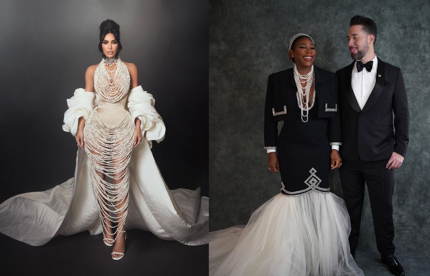 MET Gala attendee Kim Kardashian wearing pearl and diamond jewels by Lorraine Shwartz, alongside Serena Williams  in a pearl jewellery suite by Tiffany & Co.