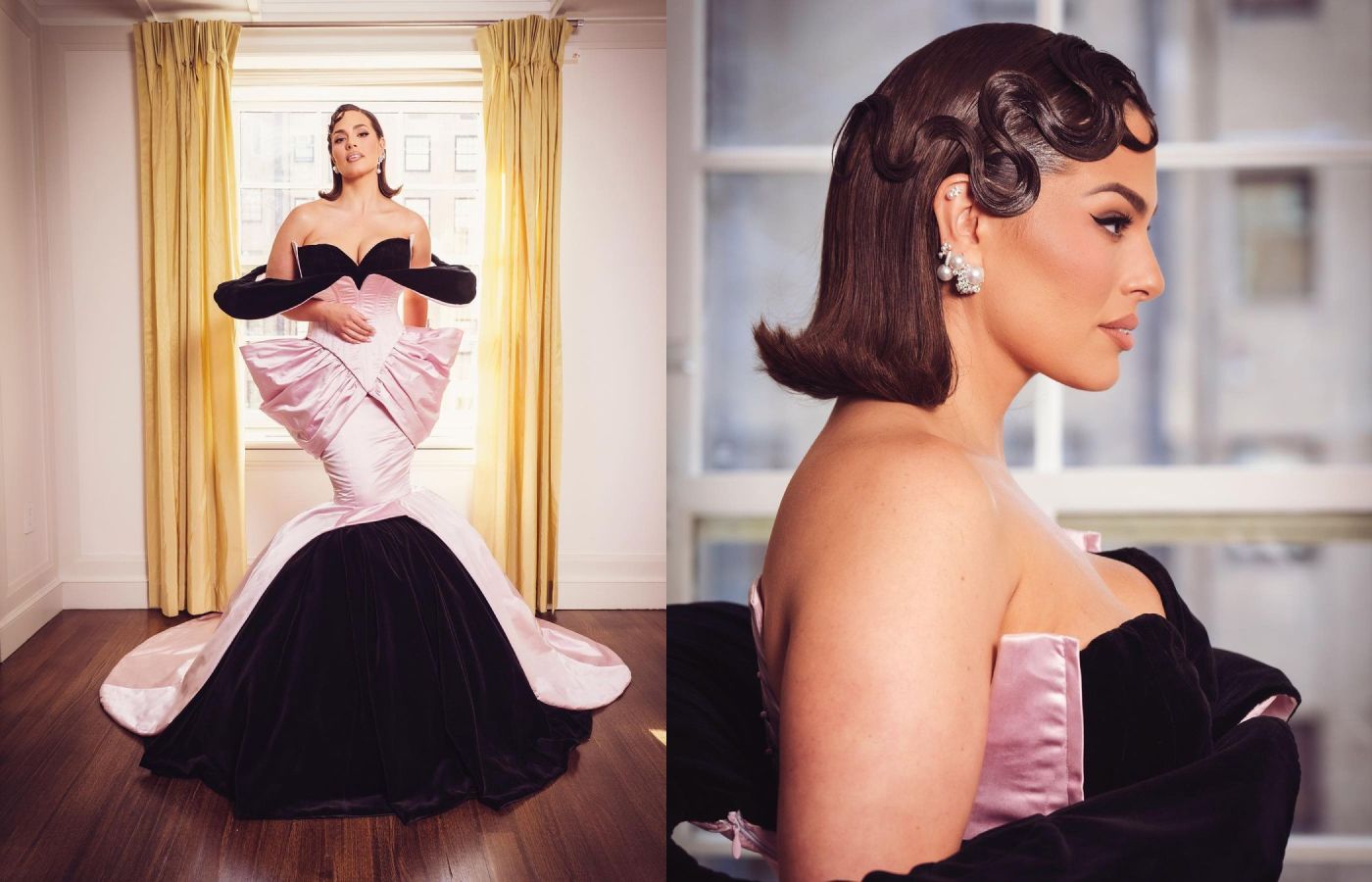  MET Gala attendee Ashley Graham wearing a selection of Mikimoto pearl and diamond earrings