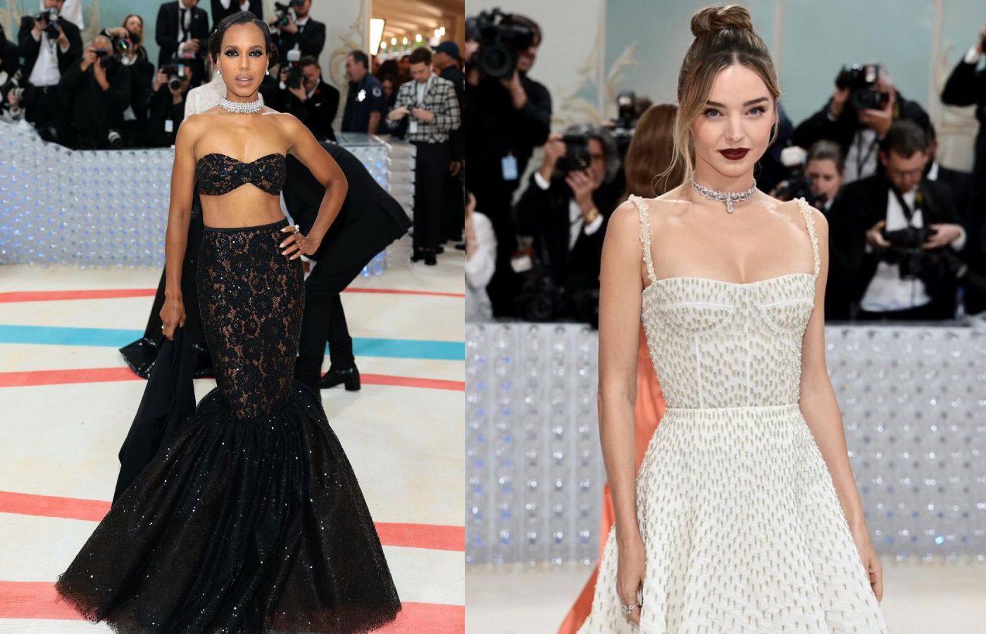  Met GALA attendee Kerry Washington in pearl and diamond jewels by Mikimoto, alongside Miranda Kerr in diamond jewels by Dior Haute Joaillerie 