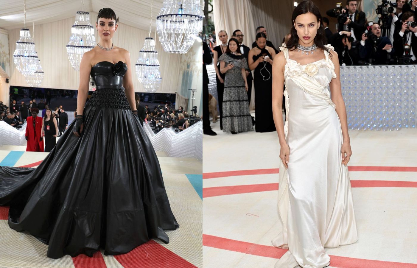 MET Gala attendee Lily James in the De Beers De Beers The Alchemist of Light 'Midnight Aura' diamond necklace and a diamond line necklace with Asscher-cut diamond studs, alongside Irina Shayk in a diamond choker by Ana Khouri   