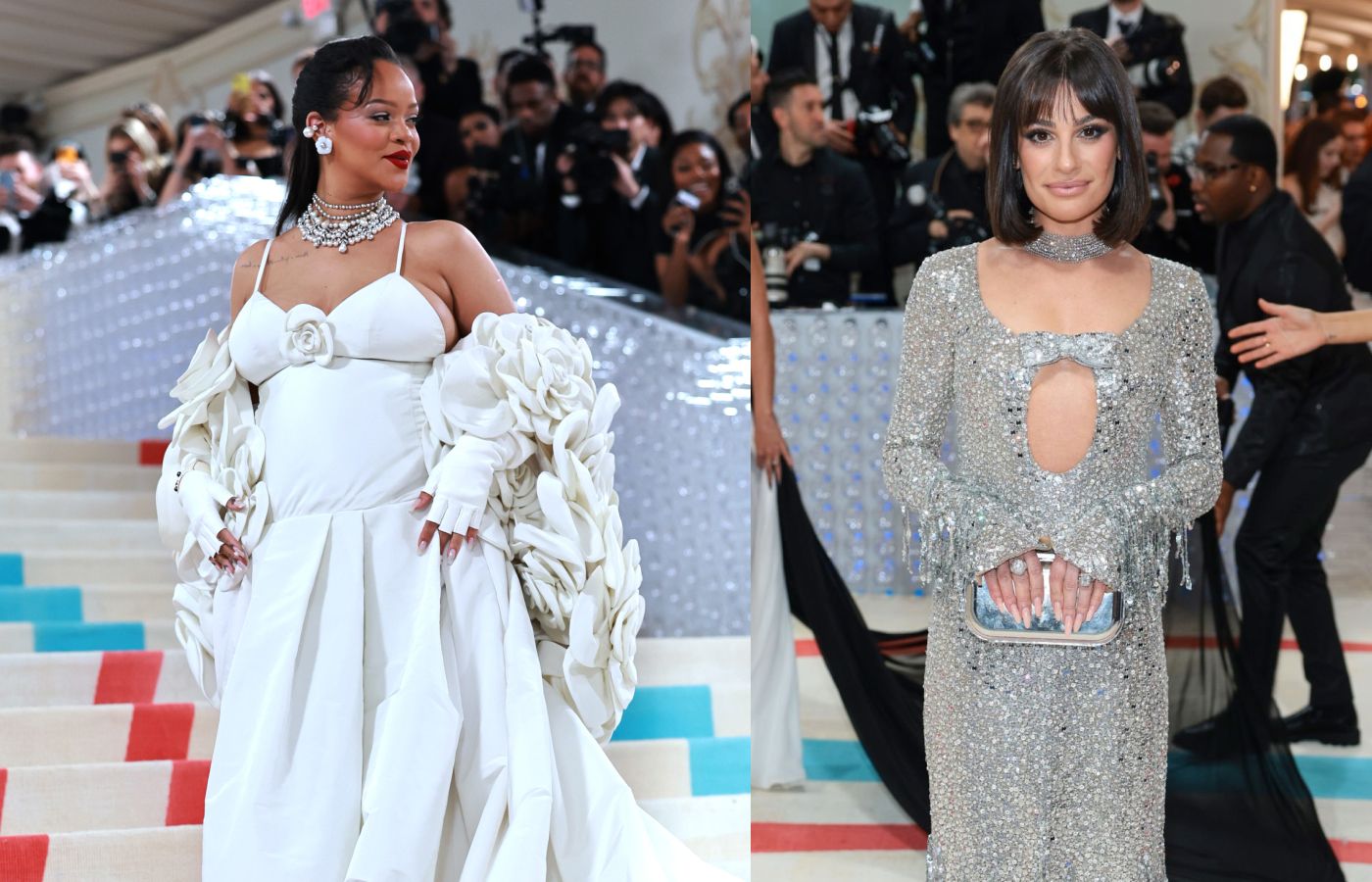  MET Gala attendee Rihanna in a Bulgari High Jewellery pearl and diamond necklace, alongside Lea Michele in diamond jewels by Fred Leighton, Kwiat Jewels and Jacob & Co. 