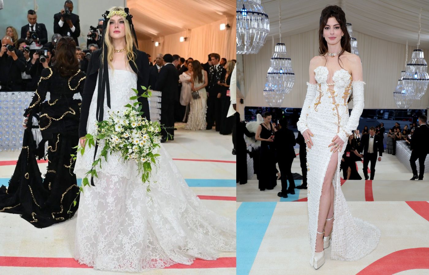MET Gala attendee Elle Fanning in Cartier High Jewellery, alongside Anne Hathaway in Bulgari High Jewellery