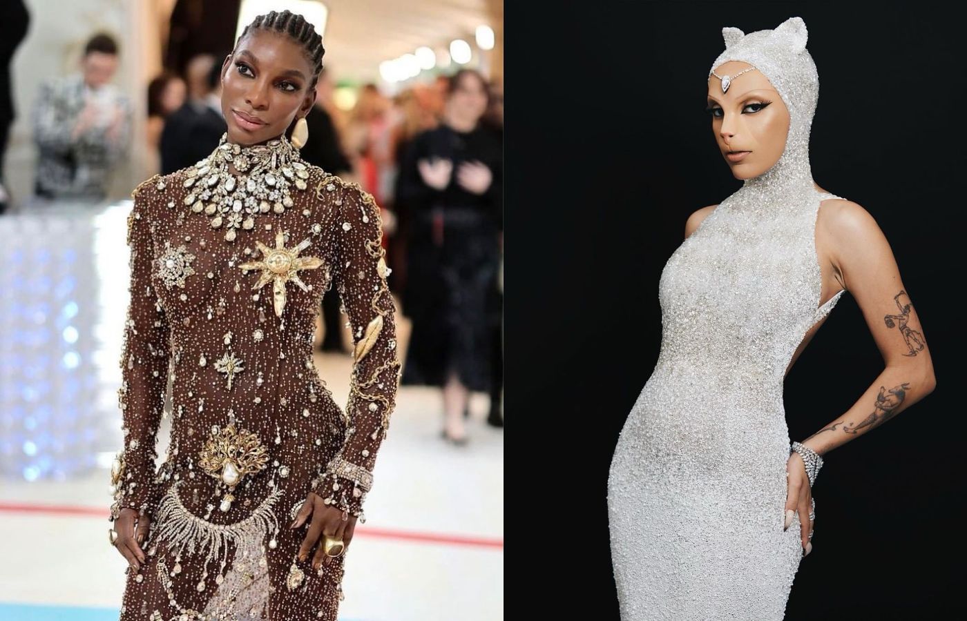 MET Gala attendee Michaela Coel in Emefa Cole gold earrings, alongside Doja Cat in Messika High Jewellery