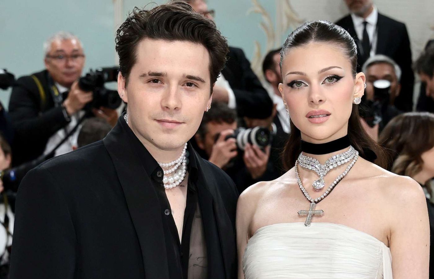  MET Gala attendee Brooklyn Beckham in strands of Mikimoto pearls with his wife Nicola Peltz