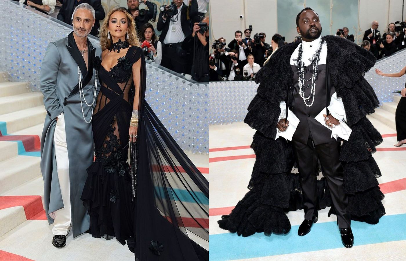 MET Gala attendee Taika Waititi in a Cartier Sautoir necklace and his wife Rita Ora, alongside Brian Tyree Henry in  strands of white and black pearls