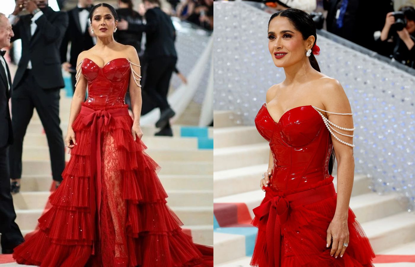  MET Gala attendee Salma Hayek wearing pearl and diamond earrings by Lorraine Shwartz