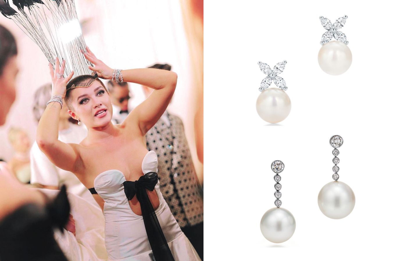MET Gala attendee Florence Pugh wearing a series of diamond and pearl jewels by Tiffany & Co.