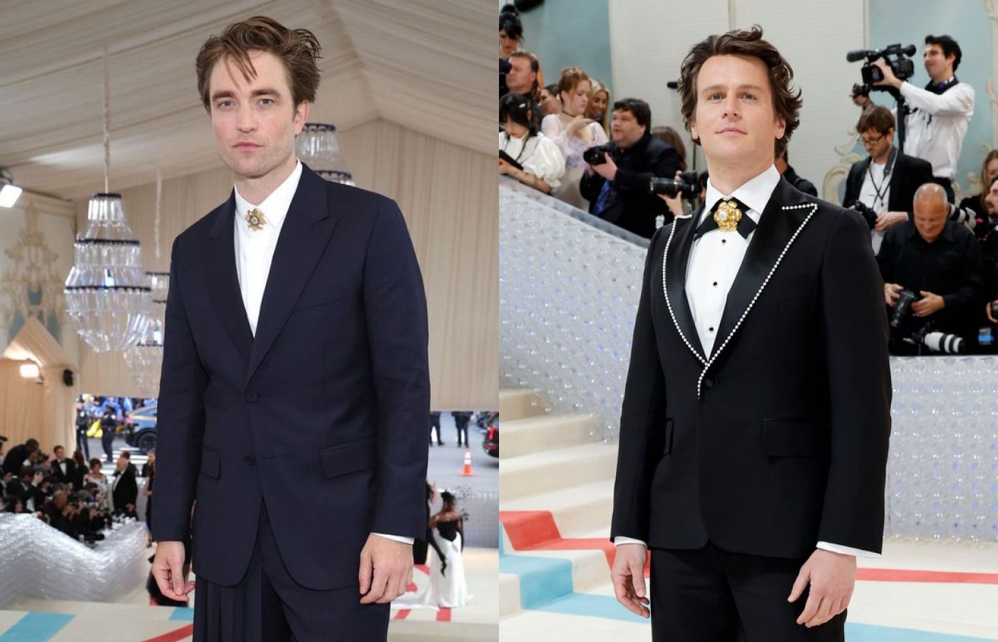 MET Gala attendee Robert Pattinson in a star brooch, alongside Jonathan Groff in a Chanel Camelia gold brooch 