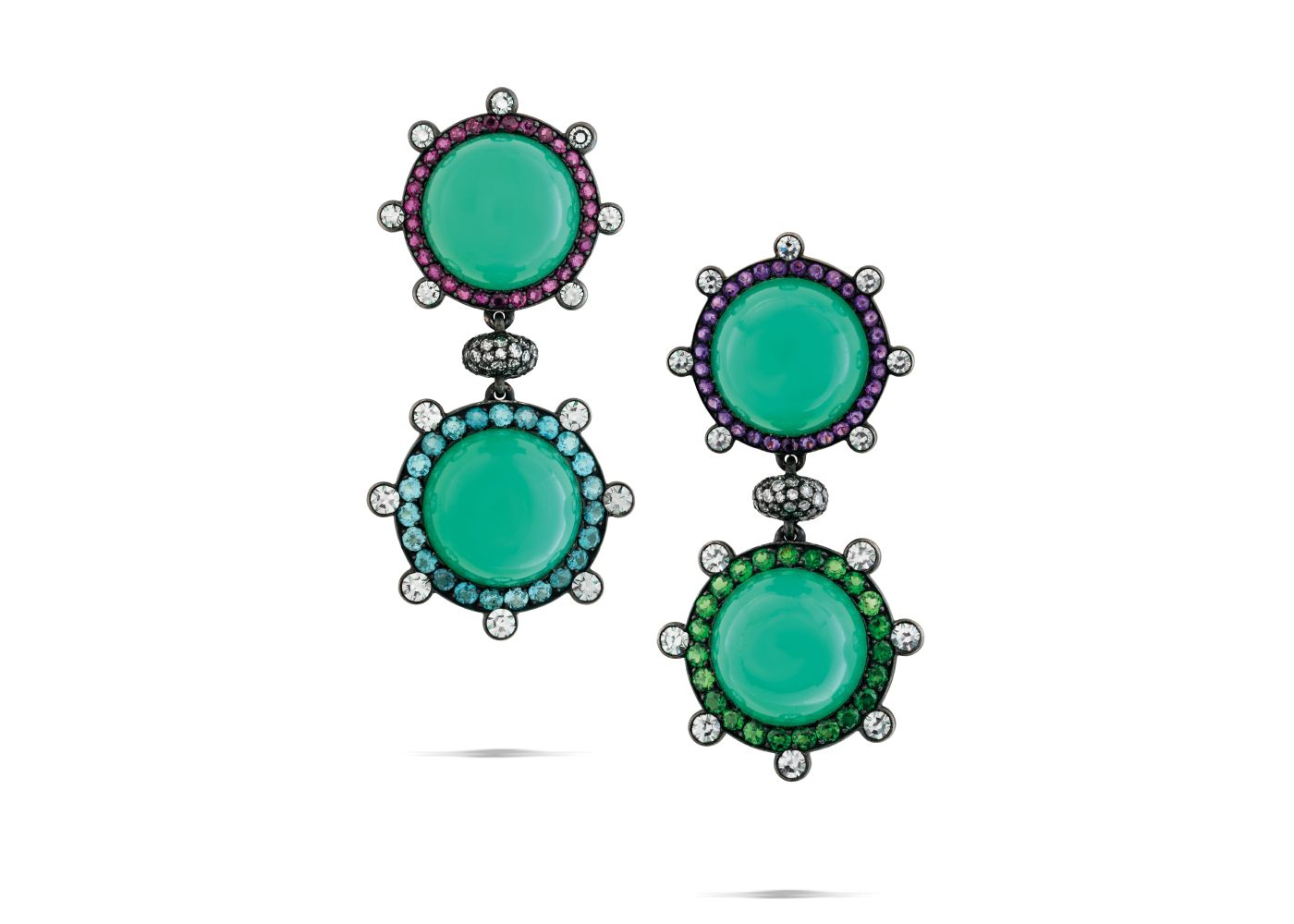 JAR earrings with round-shaped cabochon chrysoprase, round diamonds, rubies, tourmalines, amethysts and green garnets in18k yellow and white gold and silver, due to be sold at the Christie’s Magnificent Jewels auction on 17 May 2023