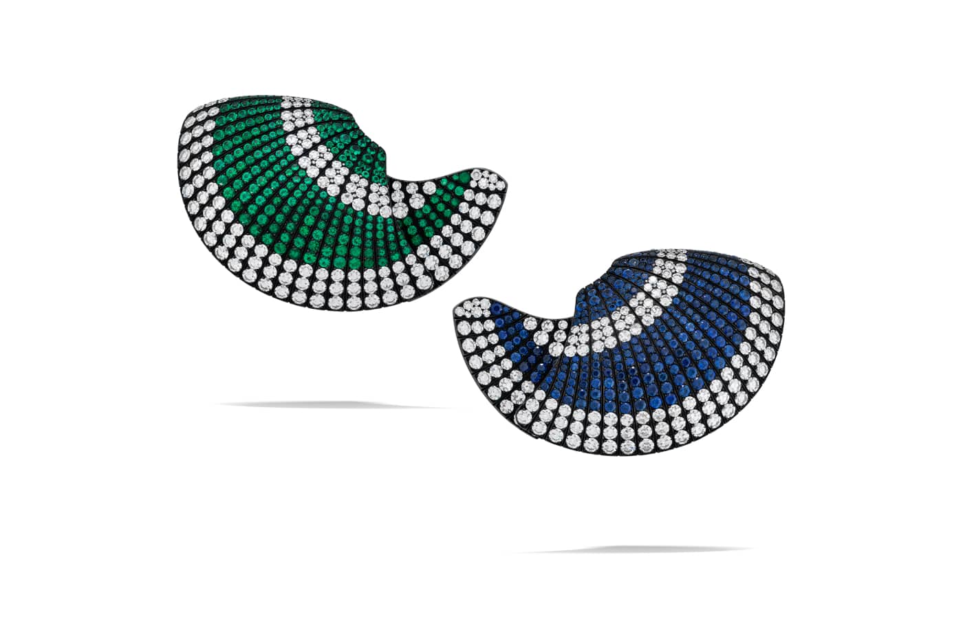  JAR sapphire, emerald and diamond 'Fan' earrings in blackened silver, due to be sold at the Christie’s Magnificent Jewels auction on 17 May 2023