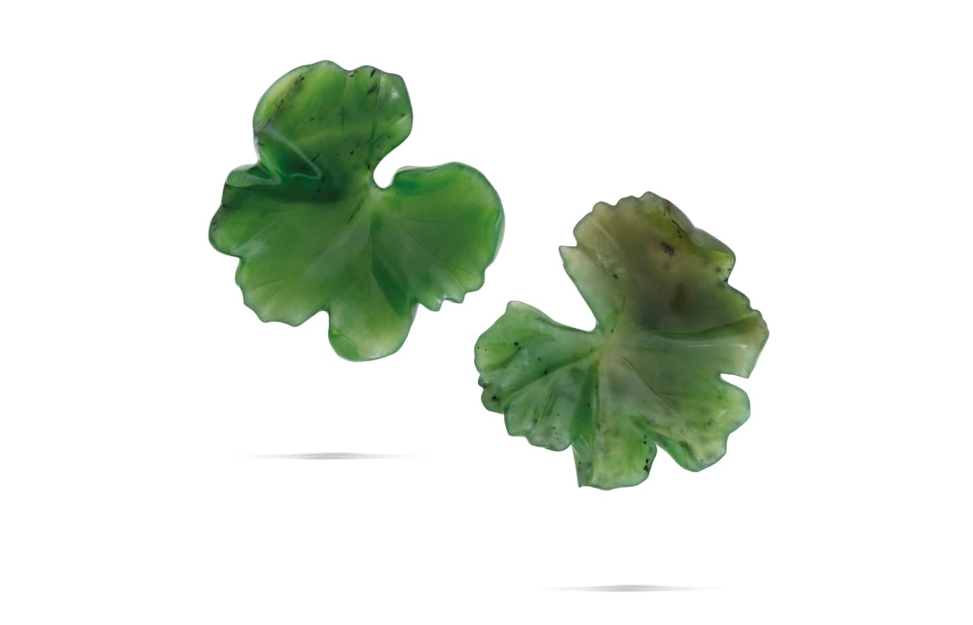 JAR nephrite 'Geranium' earrings with round diamonds in 18k yellow gold and blackened silver, due to be sold at the Christie’s Magnificent Jewels auction on 17 May 2023