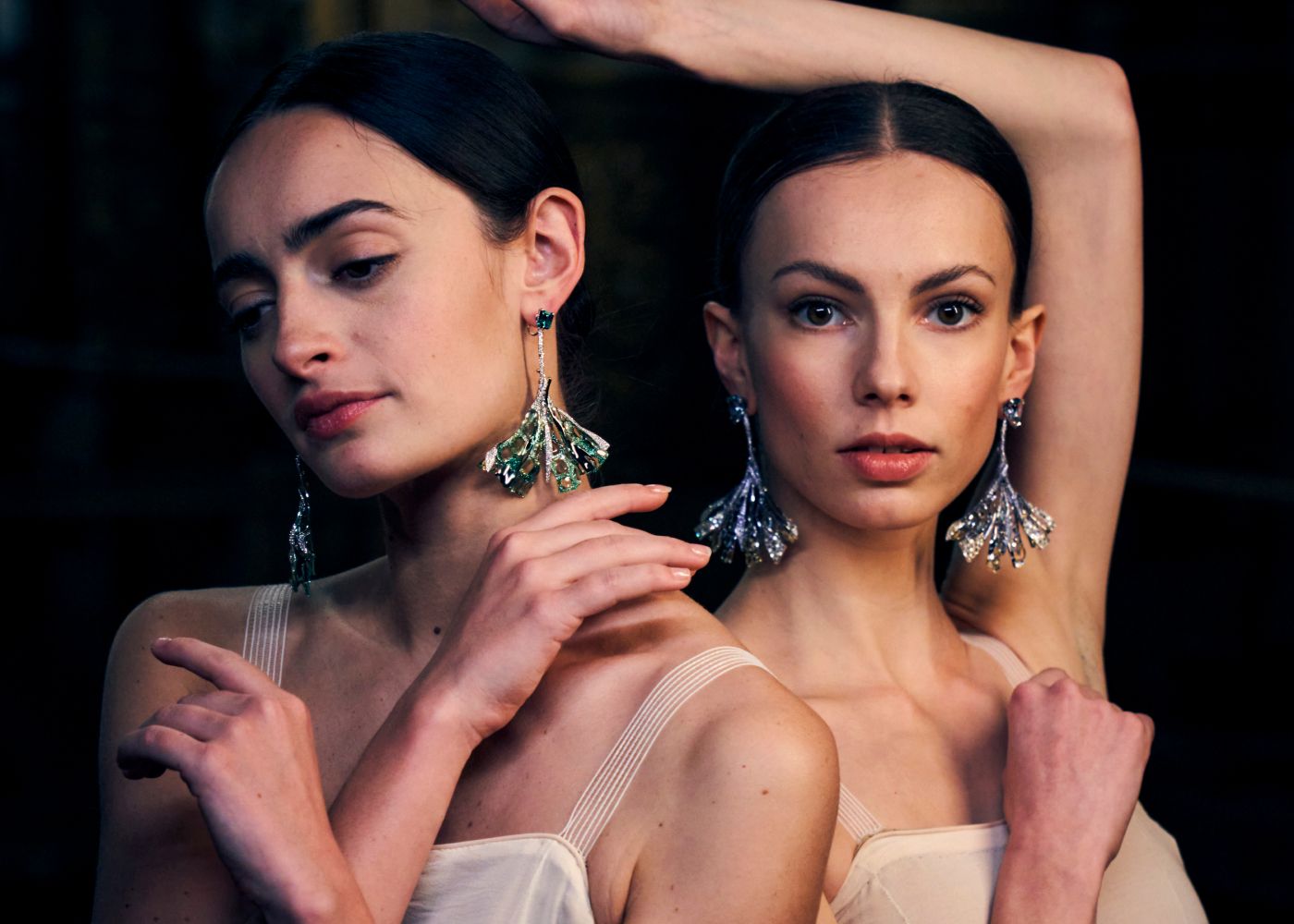 Ballet dancers Adèle Belem and Bleuenn Battistoni wear earrings by Feng J. Photo credit: James Bort