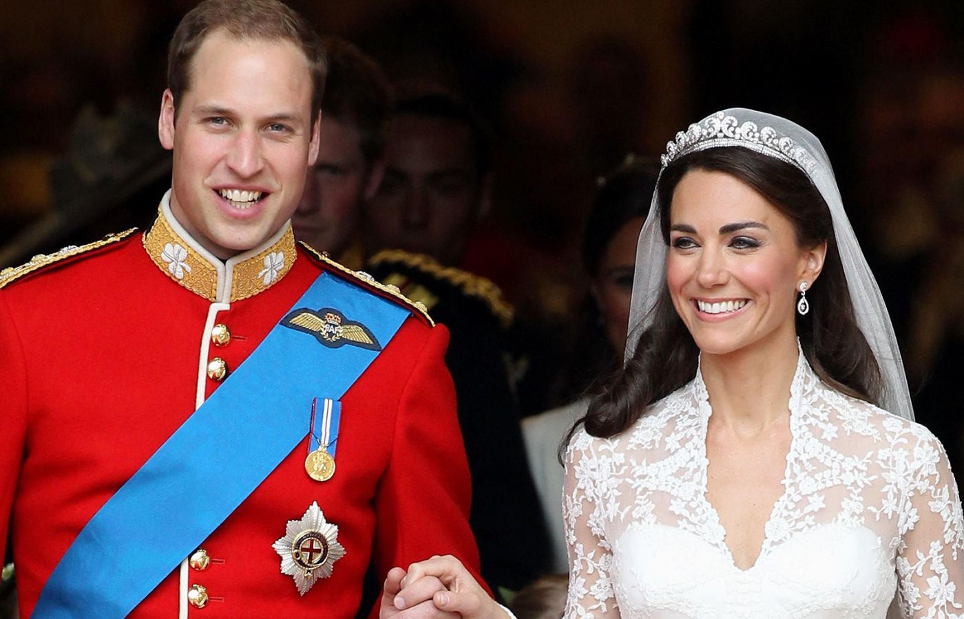 William & Kate on their wedding day, kate wearing Robinson Pelham pearl and diamond earrings