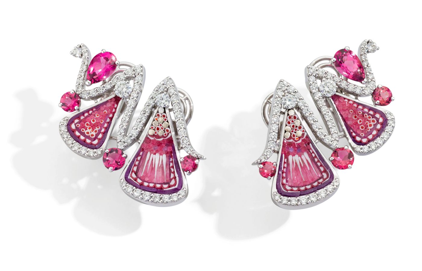  Sicis Incanto earrings with fuchsia, lilac, pink and red micromosaics, round brilliant-cut diamonds and pear- and round-shaped rubellites and kunzites 