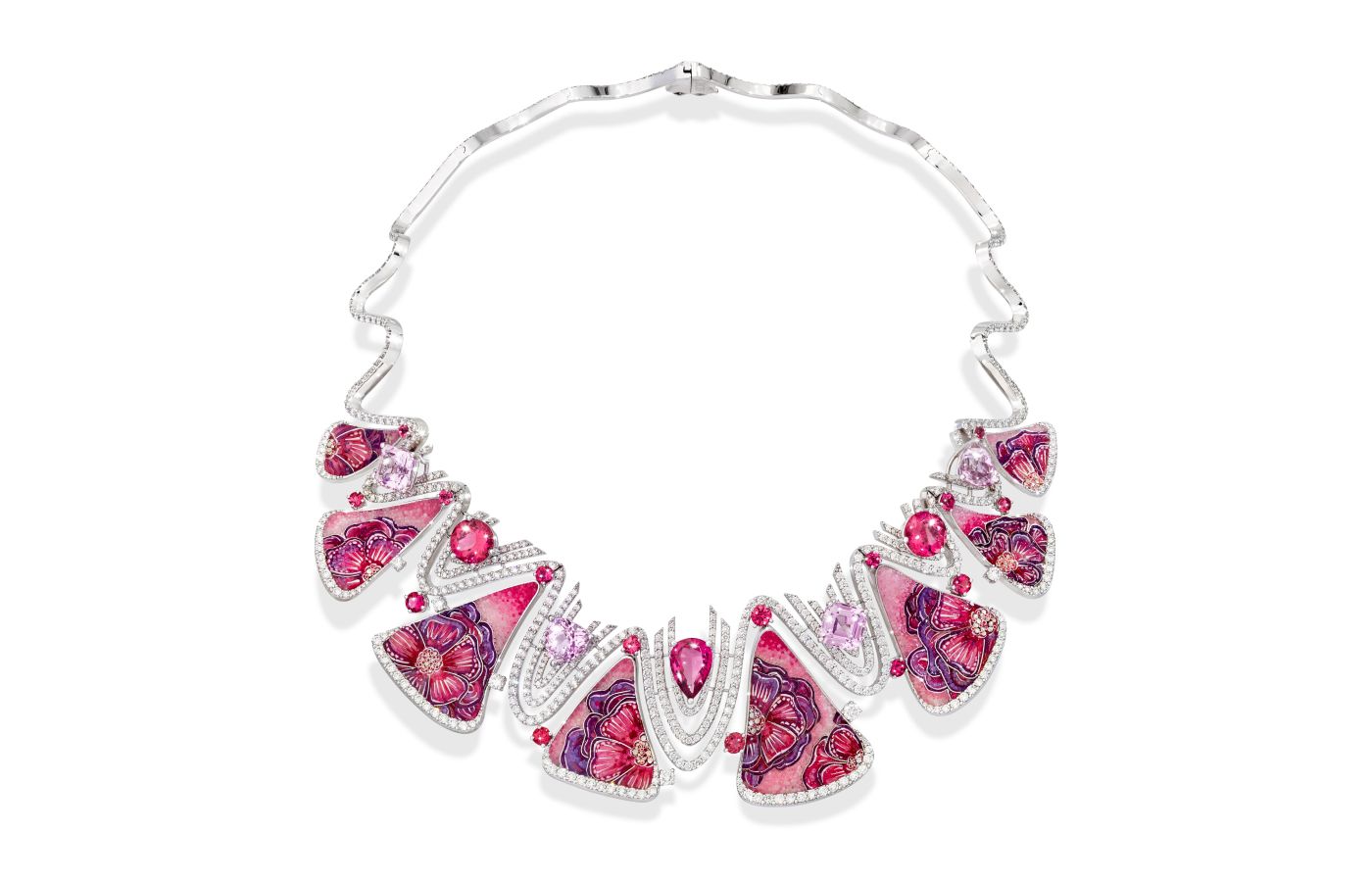 Sicis Incanto necklace with fuchsia, lilac, pink and red micromosaics, round brilliant-cut diamonds and pear- and round-shaped rubellites and kunzites 