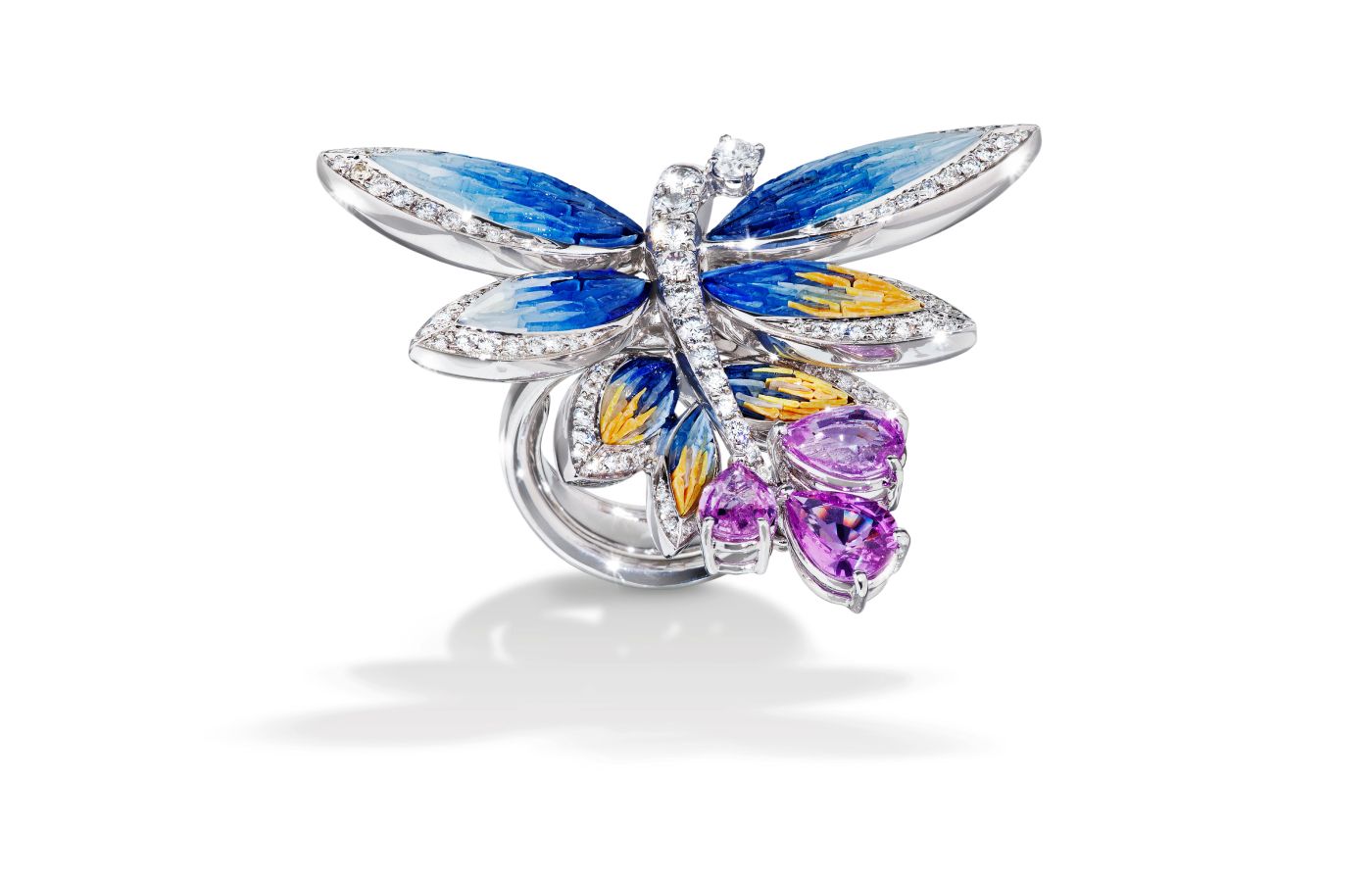   Sicis Fantasia ring with diamonds, pear-shaped pink sapphires and blue and yellow micromosaics 