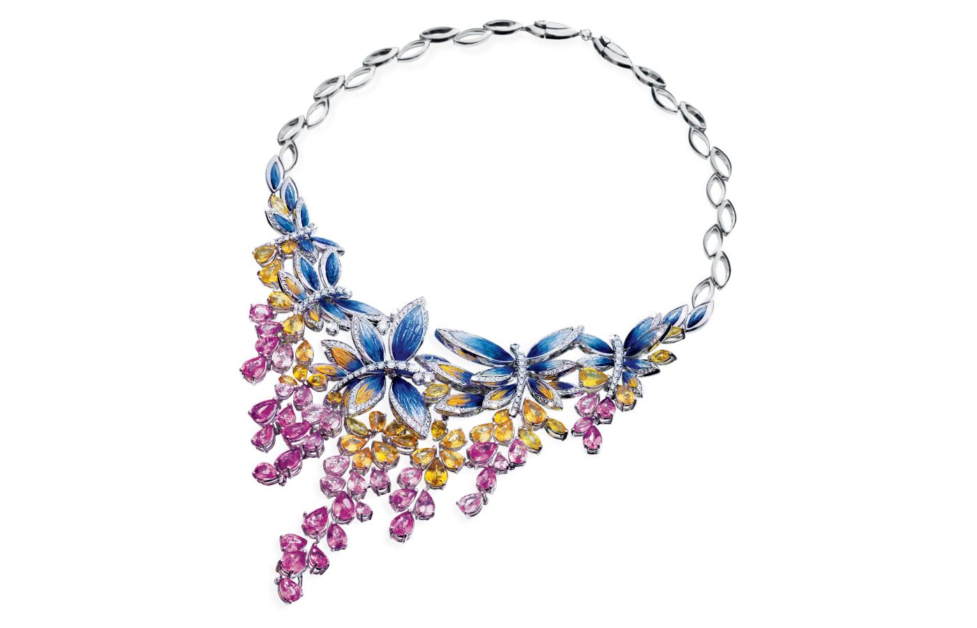  Sicis Fantasia necklace with royal blue and yellow micromosaics, diamonds and a gradient of pear-shaped yellow and pink sapphires 