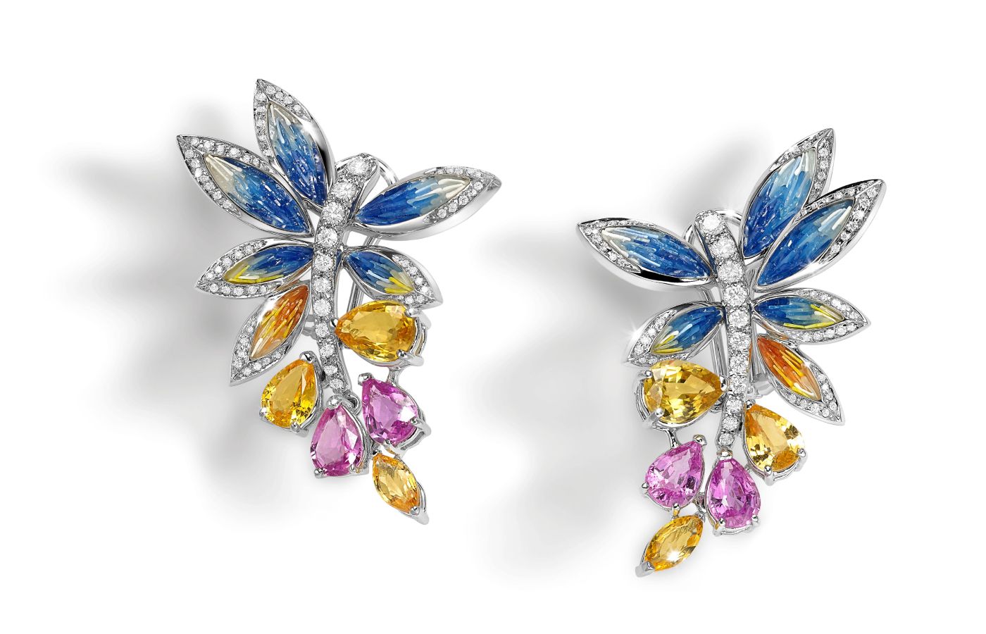   Sicis Fantasia earrings with diamonds, marquise- and pear-shaped orange, yellow and pink sapphires and blue and yellow micromosaics