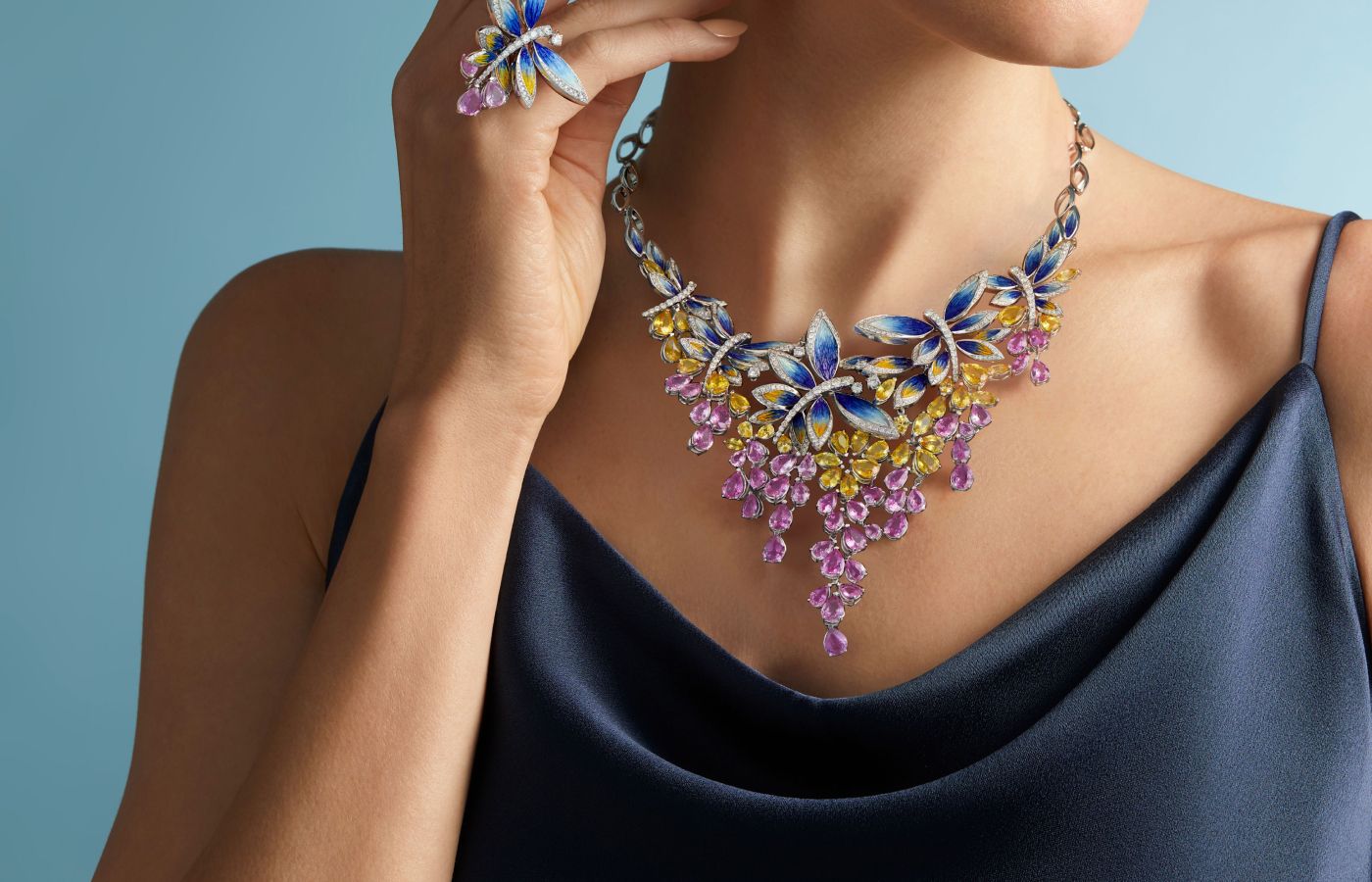 Sicis Fantasia necklace and ring with royal blue and yellow micromosaics, diamonds, and pear-shaped yellow and pink sapphires 
