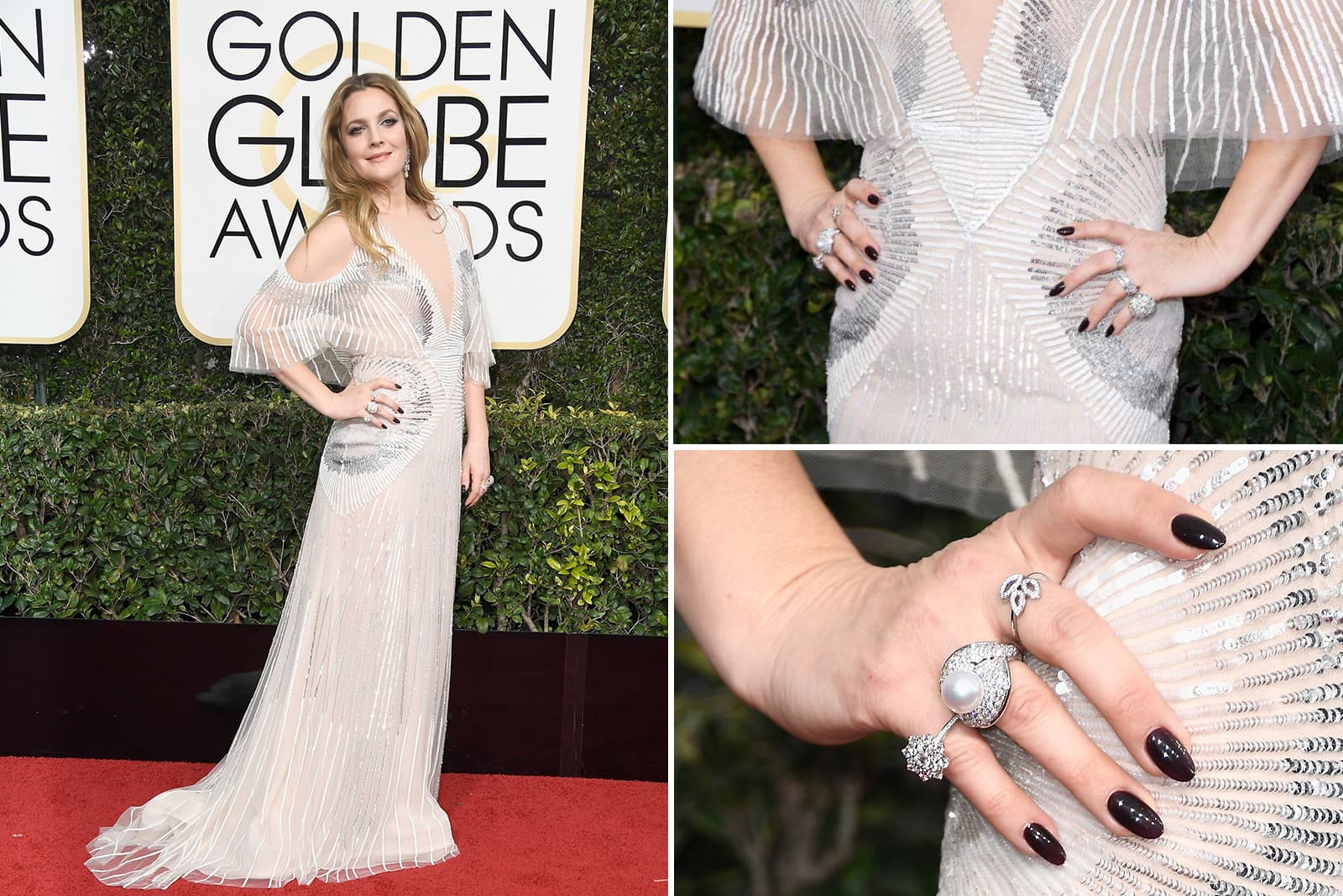 Drew Barrymore at the 2017 Golden Globe Awards with an array of diamond-set cocktail rings