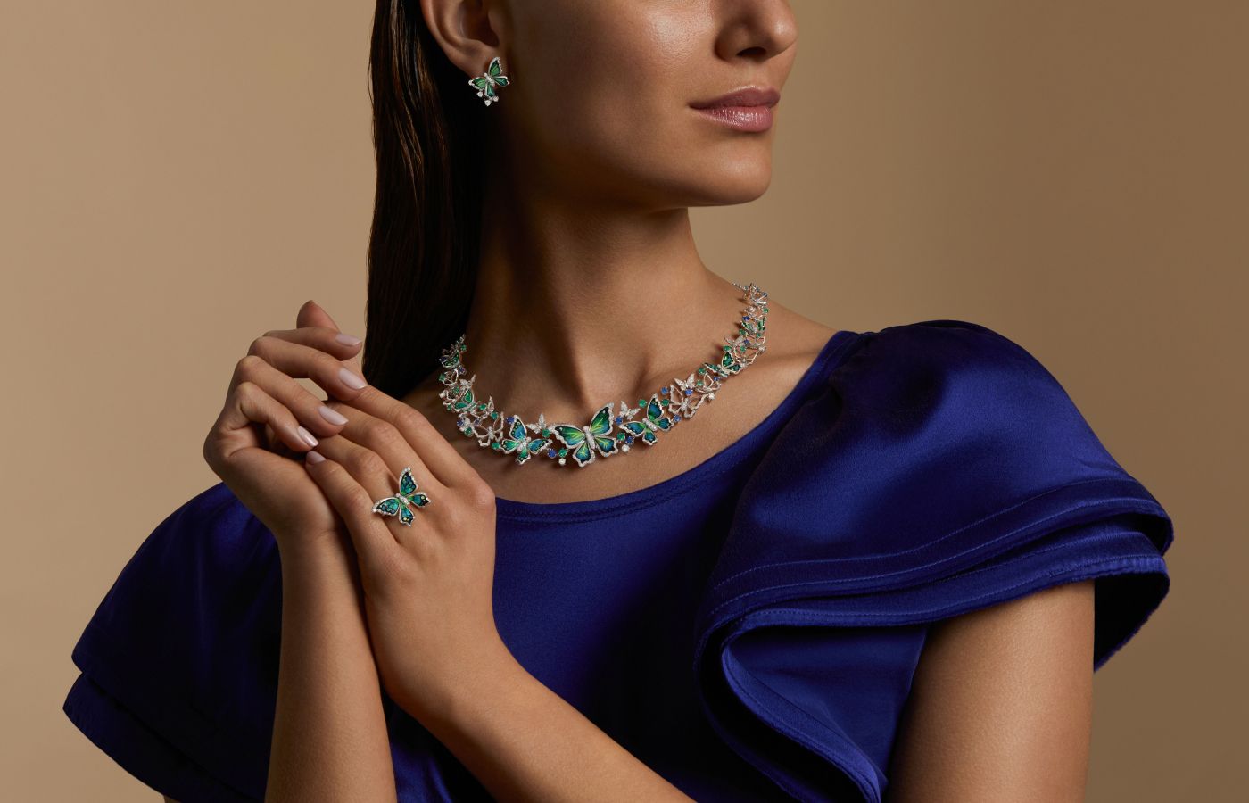 Sicis Butterfly Romance Turquoise parure, including a necklace, ring and earrings 