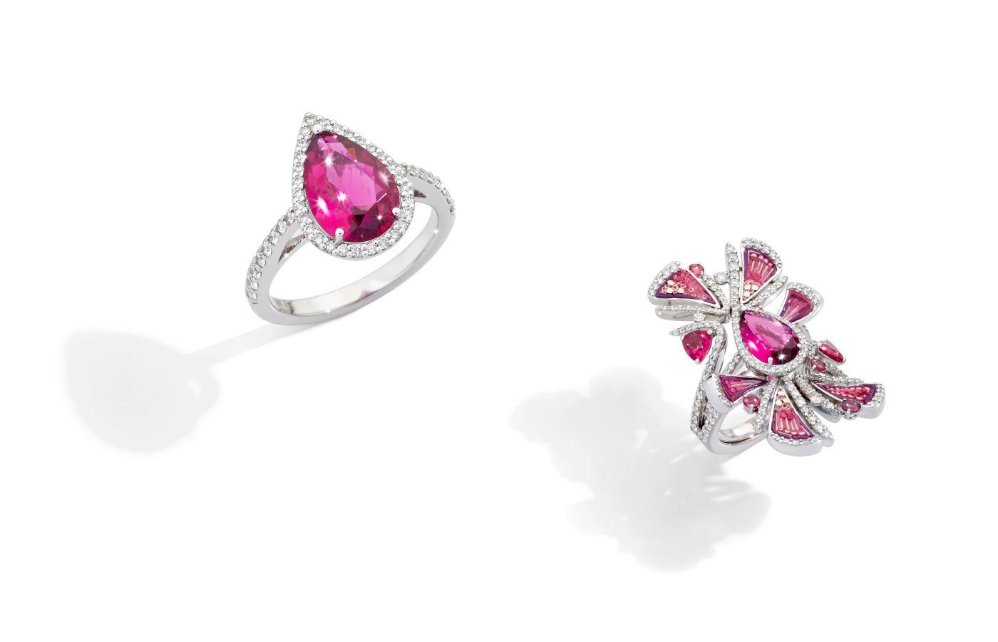  Sicis Incanto jacketed ring with a pear-shaped rubellite surrounded by diamonds, alongside its matching ‘jacket’ of micromosaics and coloured gemstones 