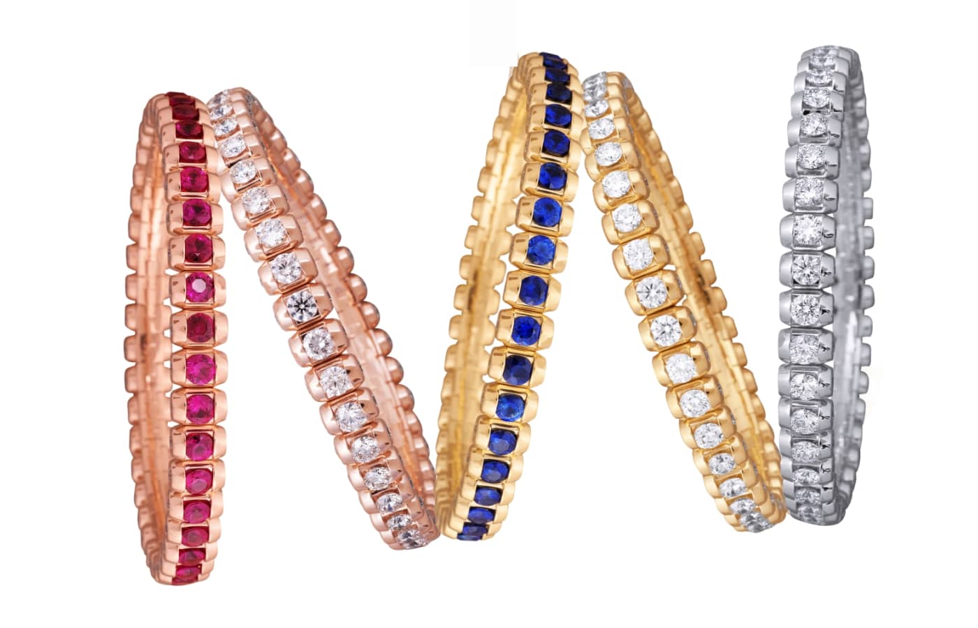 PICCHIOTTI Bullet Bracelets in gold, rose gold, white gold, sapphire, ruby and diamond