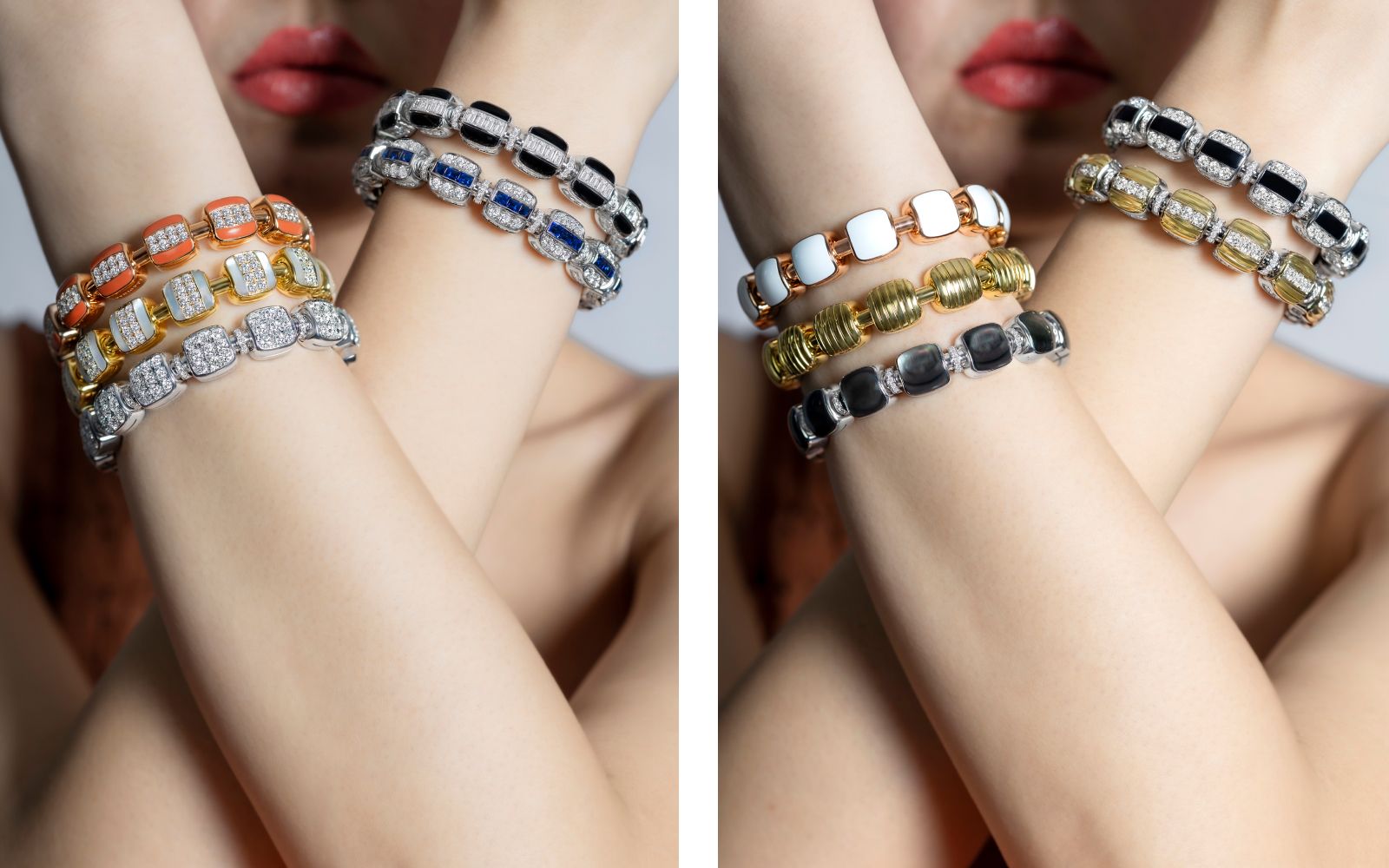Model wearing a selection of PICCHIOTTI Reversible Xpandable™ bracelets