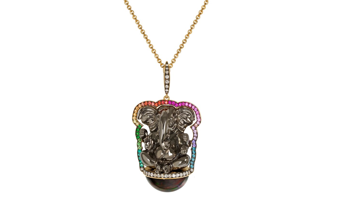Alexandra Rosier Ganesh Face necklace in gold, rhodium, multicolour sapphires, amethyst, tsavorite, paraiba tourmaline and diamond 