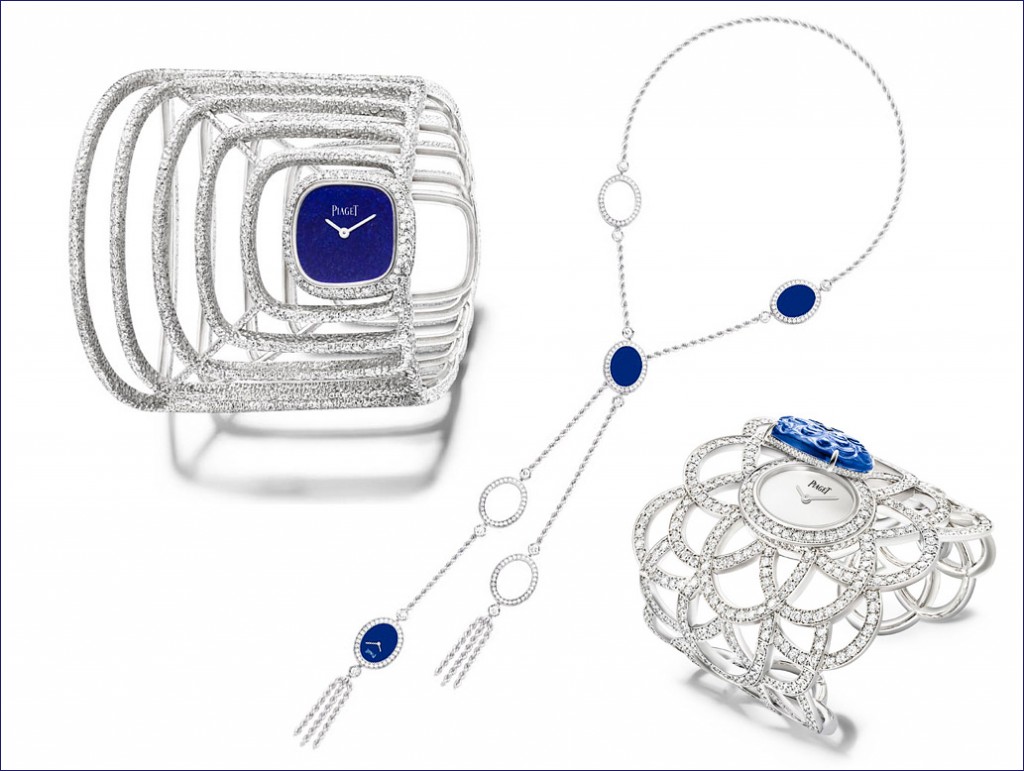 Extremelyбриллиантовые часы сотуар каффы Piaget - Sautoir watch twisted gold mesh in 18K white gold set with brilliant cut diamonds, natural lapis lazuli elements and dial
