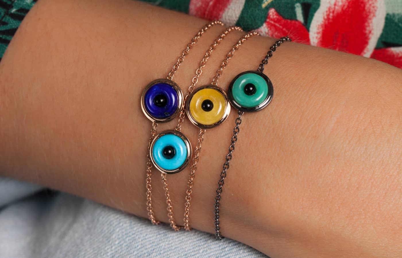 Lily Gabriela Evil Eye bracelets in gold, lapis lazuli, turquoise and jade