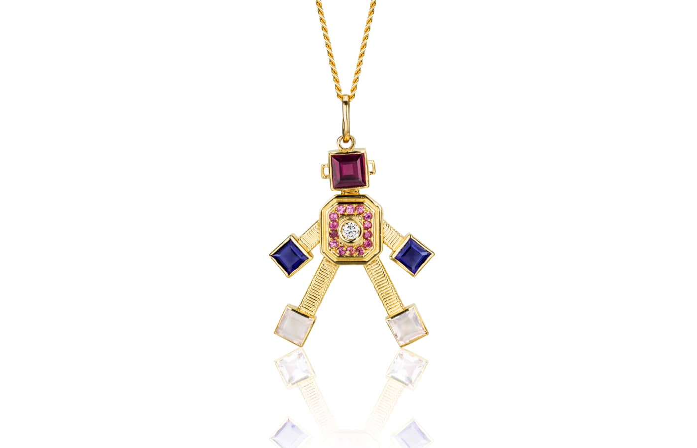  Van Robot pendant in gold, rhodolite, iolite, rose quartz and diamond